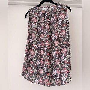Loft | Double-Fabric Ruffle Hem Sleeveless Blouse | Gray, Pink Floral | S